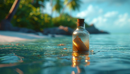 Glass bottle with paper message on the seashore of tropical island. Shipwreck in the sea. Crying for help. Save Our Souls (SOS) Copy spaceの素材