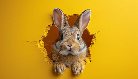 Cartoon cute bunny looking out of a cut hole bright yellow background. illustration. Spring holiday and Easter background. Copy space Happy Easter funnyの素材