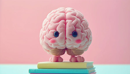 Cute animation smart cartoon brain standing on pile of books. Reading a book. pastel colors 3D. Education, brainstorming and learning concept pinkの素材