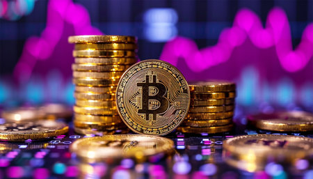 Bitcoin and cryptocurrency investing concept with graph. Bitcoin cryptocurrency coins. Trading on the cryptocurrency exchange. Trends in bitcoin exchange rates. Rise and fall chart of bitcoin. Digital technology design Copy spaceの素材