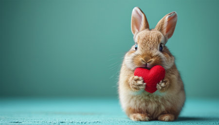 Rabbit with Valentine heart on pastel background. Cute realistic bunny holding red heart. Valentine's day greeting card. Copy space. Happy Valentine's Day Space for textの素材
