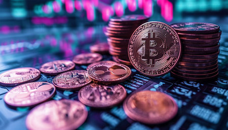 Bitcoin and cryptocurrency investing concept with graph. Bitcoin cryptocurrency coins. Trading on the cryptocurrency exchange. Trends in bitcoin exchange rates. Rise and fall chart of bitcoin. Digital technology design Copy spaceの素材