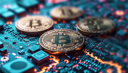 Bitcoin and cryptocurrency investing concept with graph. Bitcoin cryptocurrency coins. Trading on the cryptocurrency exchange. Trends in bitcoin exchange rates. Rise and fall chart of bitcoin. Digital technology design Copy spaceの素材