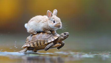 Rabbit sits on running turtle. while the tortoise runs slow the rabbit's fast run race the trees woodland fairy tale book the hare and the tortoise struggle story race Copy space space for textの素材