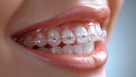 Orthodontic Dental Care Concept. Woman Healthy Smile close up. Closeup Ceramic and Metal Brackets on Teeth. Beautiful Female Smile with Braces. healthy teethの素材