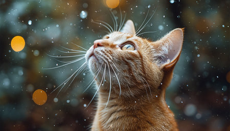 A cute cat looking outside at the starry colorful sky. Cute kitten magical sparkles. Starry glow lights in nature Magical landscape fairytale beauty Copy spaceの素材