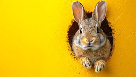 Cartoon cute bunny looking out of a cut hole bright yellow background. illustration. Spring holiday and Easter background. Copy space Happy Easter funnyの素材