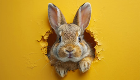 Cartoon cute bunny looking out of a cut hole bright yellow background. illustration. Spring holiday and Easter background. Copy space Happy Easter funnyの素材