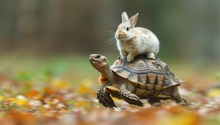 Rabbit sits on running turtle. while the tortoise runs slow the rabbit's fast run race the trees woodland fairy tale book the hare and the tortoise struggle story race Copy space space for textの素材