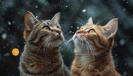 A cute cat looking outside at the starry colorful sky. Cute kitten magical sparkles. Starry glow lights in nature Magical landscape fairytale beauty Copy spaceの素材