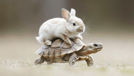Rabbit sits on running turtle. while the tortoise runs slow the rabbit's fast run race the trees woodland fairy tale book the hare and the tortoise struggle story race Copy space space for textの素材