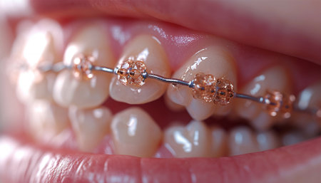 Orthodontic Dental Care Concept. Woman Healthy Smile close up. Closeup Ceramic and Metal Brackets on Teeth. Beautiful Female Smile with Braces. healthy teethの素材