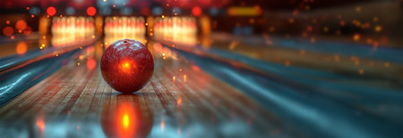 Bowling concept. Colorful Red Bowling Ball on wooden track crashing into the pins on bowling alley line. Illustration of bowling strike. Sports competition or tournament. colorfulの素材
