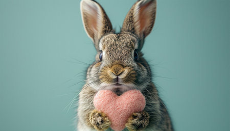 Rabbit with Valentine heart on pastel background. Cute realistic bunny holding red heart. Valentine's day greeting card. Copy space. Happy Valentine's Day Space for textの素材