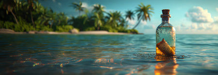 Glass bottle with paper message on the seashore of tropical island. Shipwreck in the sea. Crying for help. Save Our Souls (SOS) Copy spaceの素材