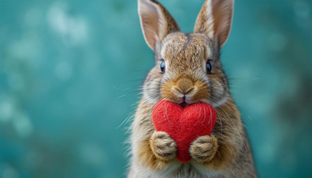 Rabbit with Valentine heart on pastel background. Cute realistic bunny holding red heart. Valentine's day greeting card. Copy space. Happy Valentine's Day Space for textの素材