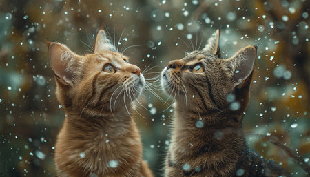 A cute cat looking outside at the starry colorful sky. Cute kitten magical sparkles. Starry glow lights in nature Magical landscape fairytale beauty Copy spaceの素材