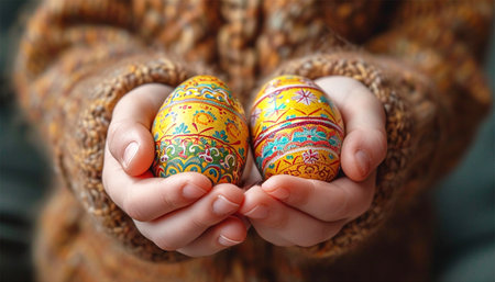 The hands of a little girl holding painted Easter egg front view, Happy Easter Holiday design decorated egg with beautiful colorful details stylishの素材