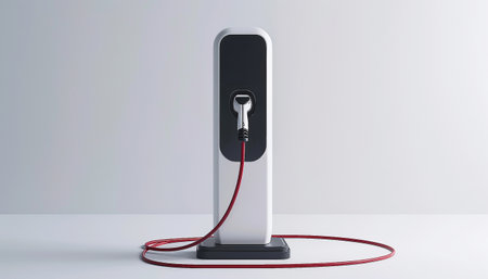 Electric car charging station on white background. Fast electric car charger green energy environment friendly driving vehicle station. Modern transport fuel of future. Minimal design power unit Copy space minimalismの素材