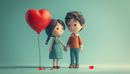 Love, tenderness and romantic feeling concept. Happy Valentine's Day. Young couple in love holding a red heart, Cute animation copy space Valentine's Dayの素材