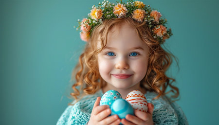 Cute little girl having fun with Easter egg in hair and decorative spring flowers. Pastel green background. Kids Easter spring costume. Happy Easter design portraitの素材