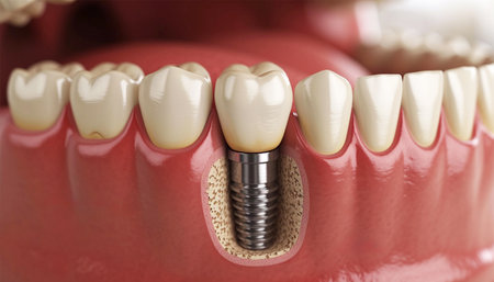 Closeup white tooth and gum with Dental implant , Human Teeth for Medical Concept, 3d illustration. Dental teeth implant healthy teeth and tooth human dentura close upの素材