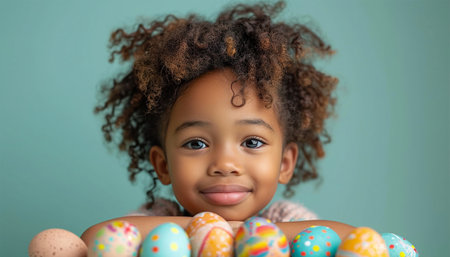 Cute African American little girl with painted Easter eggs decoration in hair on pastel green background. Stylish spring design portrait with eggs and flowers. Happy Easter Holiday beautyの素材