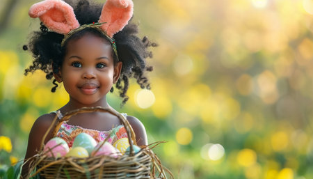 Cute African American little girl with painted Easter eggs in basket and bunny ears in hair decoration in hair background. Stylish spring design portrait with eggs and flowers. Happy Easter Holiday flower field sunnyの素材