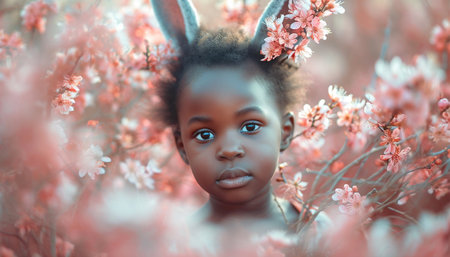 Cute African American little girl with painted Easter eggs in basket and bunny ears in hair decoration in hair background. Stylish spring design portrait with eggs and flowers. Happy Easter Holiday flower field sunnyの素材