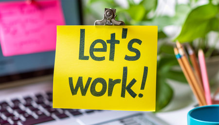Sticky note in office room or work place with the text Let's work text on a sticky, pen, Desk with business decoration. Brainstorming motivation concept Copy spaceの素材