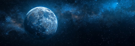 Universe space milky way galaxy with moon. The infinite deep space cosmos. Grainy texture and soft focus background. Night sky Milky way with full Moon and universe. Copy space Space for text web bannerの素材