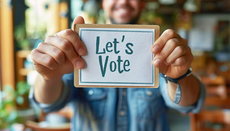 Text Let's vote Flat presidential election and democracy political president, governor, or parliament member with election and referendum freedom to hand wood vote copy spaceの素材