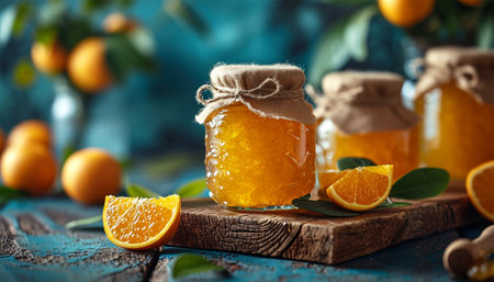 Homemade orange marmalade on wooden table. Seville Orange, Sour Orange, Bitter Orange, Marmalade Orange - native Southeast Asia tropical fruit. Homemade Tasty Jam on white background. Healthy Food. Copy spaceの素材
