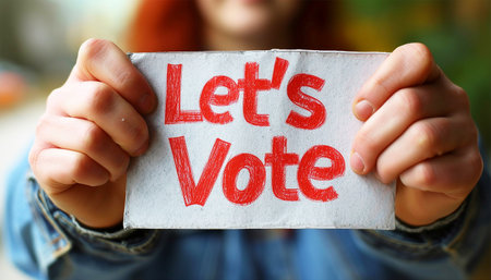 Text Let's vote Flat presidential election and democracy political president, governor, or parliament member with election and referendum freedom to hand wood vote copy spaceの素材