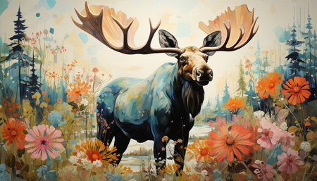 Moose animal art with spring flowers.. Woodland card with botanical foliage and flowers. Colorful landscape stylish background wildlife beautyの素材