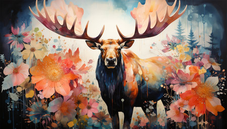 Moose animal art with spring flowers.. Woodland card with botanical foliage and flowers. Colorful landscape stylish background wildlife beautyの素材