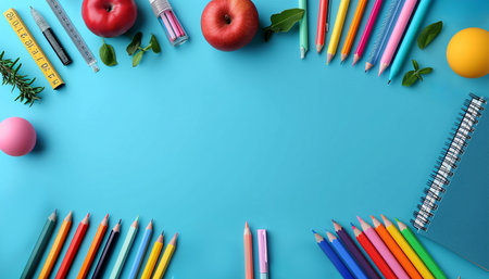 Back to school background design. Back to school backpack bag and color pencil elements in pattern background for educational study learning messages. Apple in classroom blue design Copy spaceの素材