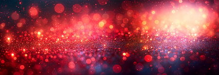 Banner Gold and red particles waves glittering. Red sparkles glitter and rays lights bokeh abstract holiday background texture. Festive abstract design web bannerの素材
