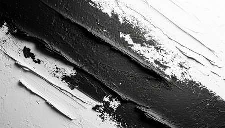 Black and white paint strokes abstract background texture. White oil paint smudge over white background. Black oil paint stroke top view. copyspaceの素材