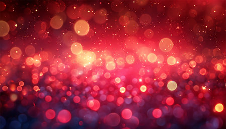 Gold and red particle waves glittering. Red sparkles glitter and rays lights bokeh abstract holiday background texture. Festive abstract design copy spaceの素材