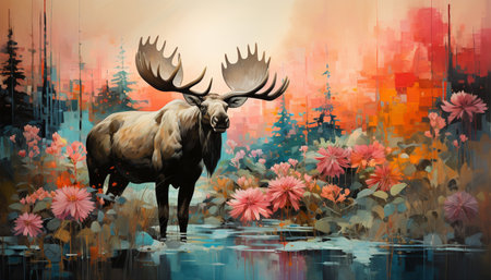Moose animal art with spring flowers.. Woodland card with botanical foliage and flowers. Colorful landscape stylish background wildlife beautyの素材