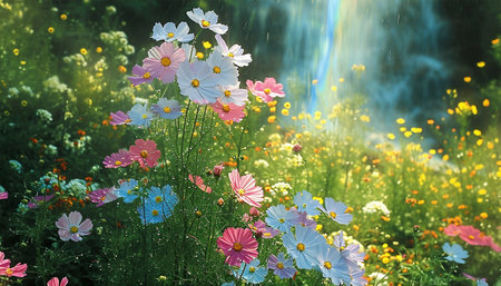 Field of cosmos flowers. A beautiful, sun-drenched spring summer meadow. Natural colorful panoramic landscape with many wild flowers of daisies against blue sky. A frame with soft selective focus.pastelの素材