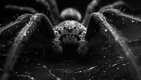 Scary close up of a spider on black background. Close up spider's web on retro vintage black color background for halloween night party design concept concept. Scary horror design mp4の素材
