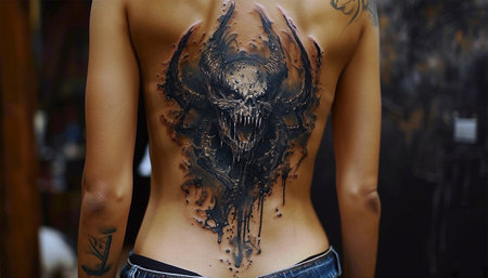 Asian woman filled with artistic tattoos on body. black tattoo with paint. Master works. Master of tattoo fill circuit tattoo. Beautyの素材