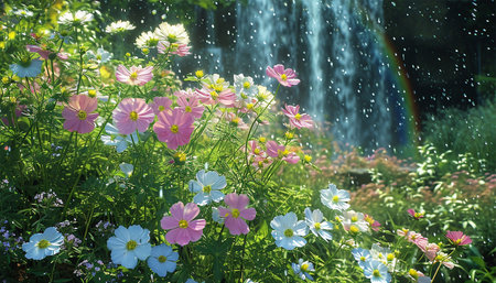 Field of cosmos flowers. A beautiful, sun-drenched spring summer meadow. Natural colorful panoramic landscape with many wild flowers of daisies against blue sky. A frame with soft selective focus.pastelの素材