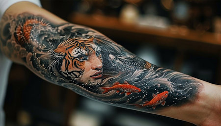 Asian woman filled with artistic tattoos on body. black tattoo with paint. Master works. Master of tattoo fill circuit tattoo. Beautyの素材