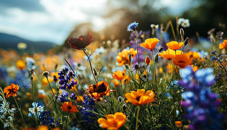 Wildflower field in the spring. Beautiful wildflowers on a green meadow. Warm summer evening.Blooming flowers in the spring. Nature background close upの素材