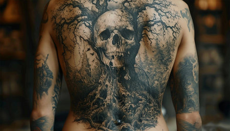 Asian woman filled with artistic tattoos on body. black tattoo with paint. Master works. Master of tattoo fill circuit tattoo. Beautyの素材