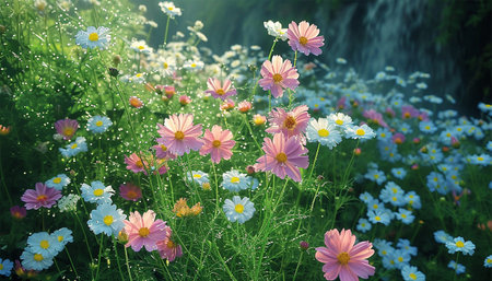 Field of cosmos flowers. A beautiful, sun-drenched spring summer meadow. Natural colorful panoramic landscape with many wild flowers of daisies against blue sky. A frame with soft selective focus.pastelの素材