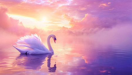 Magical pink sunset landscape with Swan sparkling lights. Swan are swimming in the water,sun light reflects like that sunset. Fairy tale design sparklesの素材